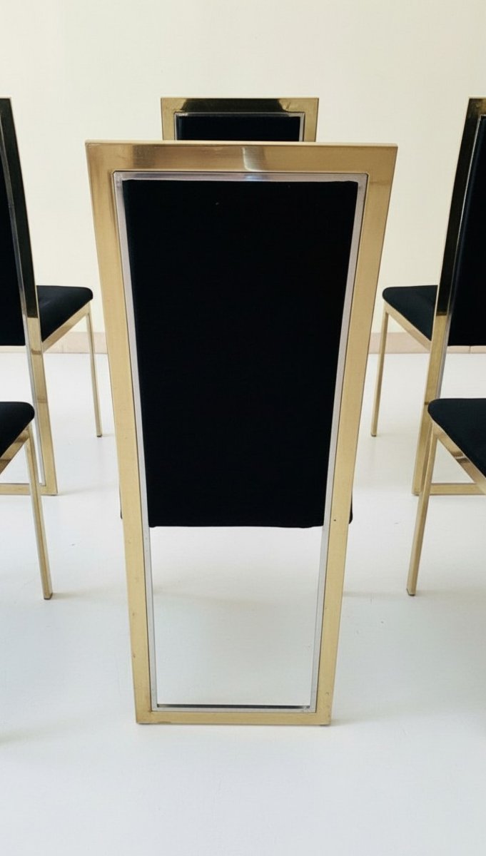 Set Of 8 Chairs In Brass, Chrome, And Black Velvet, Maison Roméo, 1970-photo-2