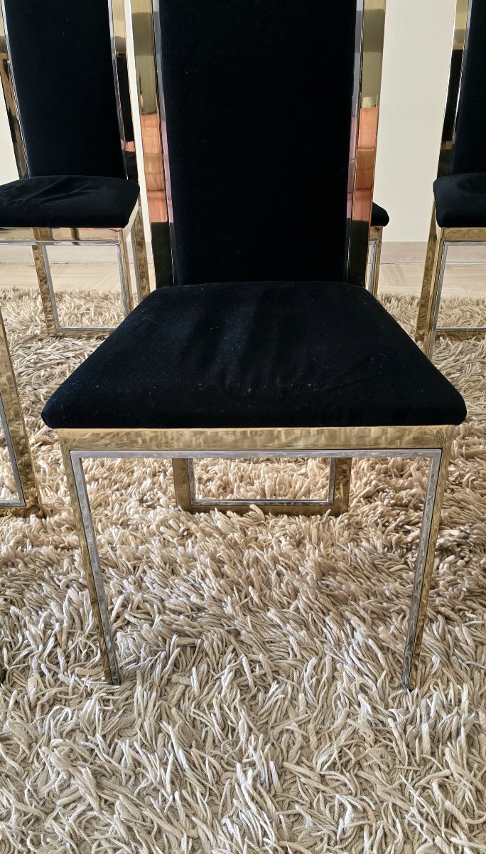 Set Of 8 Chairs In Brass, Chrome, And Black Velvet, Maison Roméo, 1970-photo-4