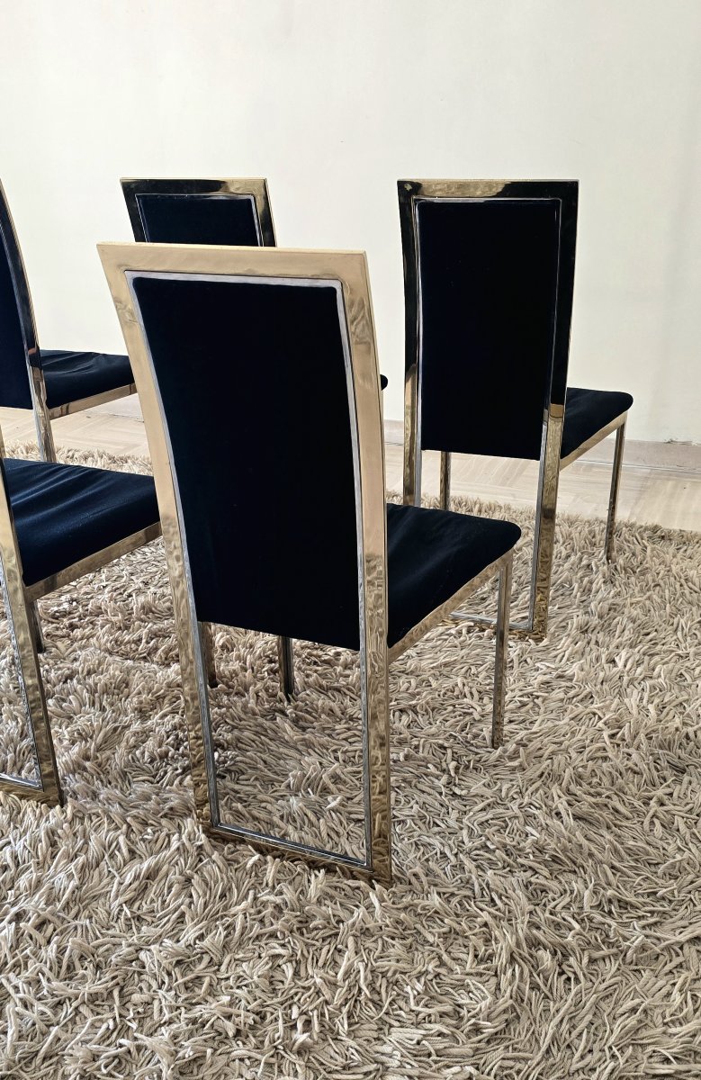 Set Of 8 Chairs In Brass, Chrome, And Black Velvet, Maison Roméo, 1970-photo-1