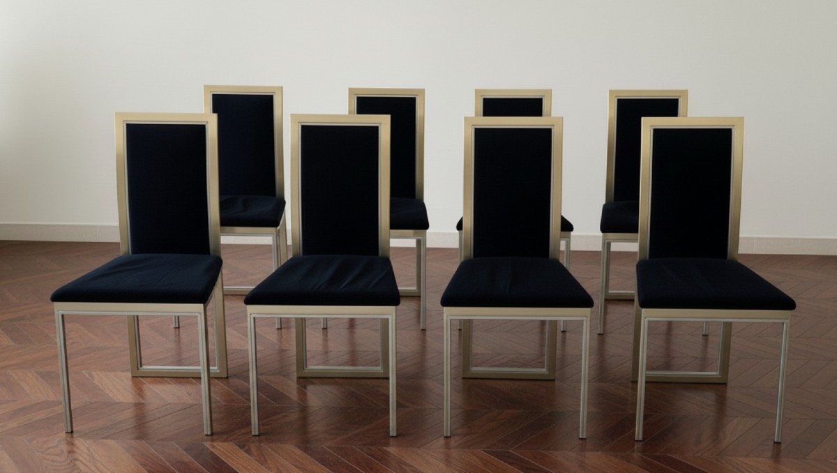Set Of 8 Chairs In Brass, Chrome, And Black Velvet, Maison Roméo, 1970