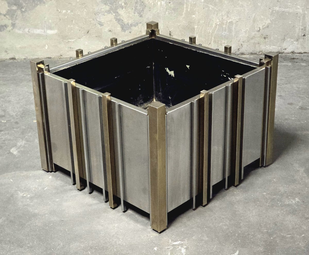 Nucci Valsecchi  – Chrome-plated Metal And Brass Planter, Italy, 1970s-photo-1