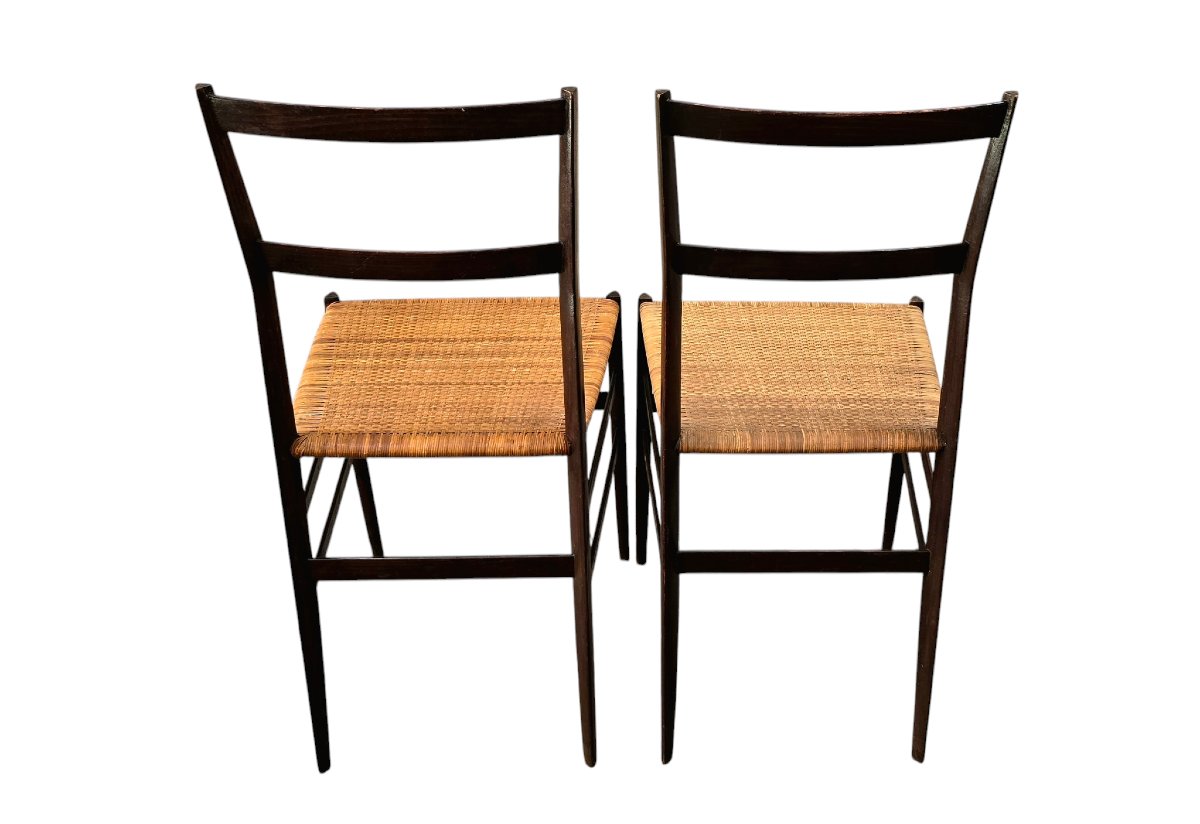 Gio Ponti, modèle 699 dit Superleggera, paire de chaises en frêne teinté assise en canne tressé-photo-2
