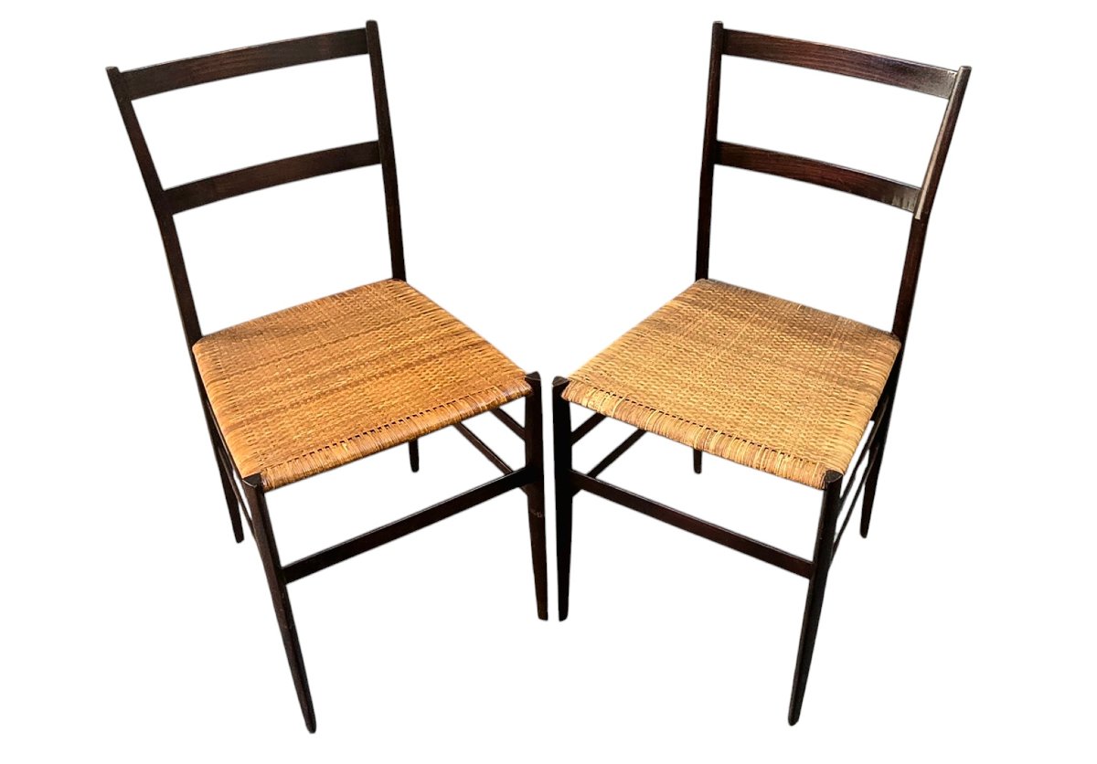 Gio Ponti, modèle 699 dit Superleggera, paire de chaises en frêne teinté assise en canne tressé-photo-3