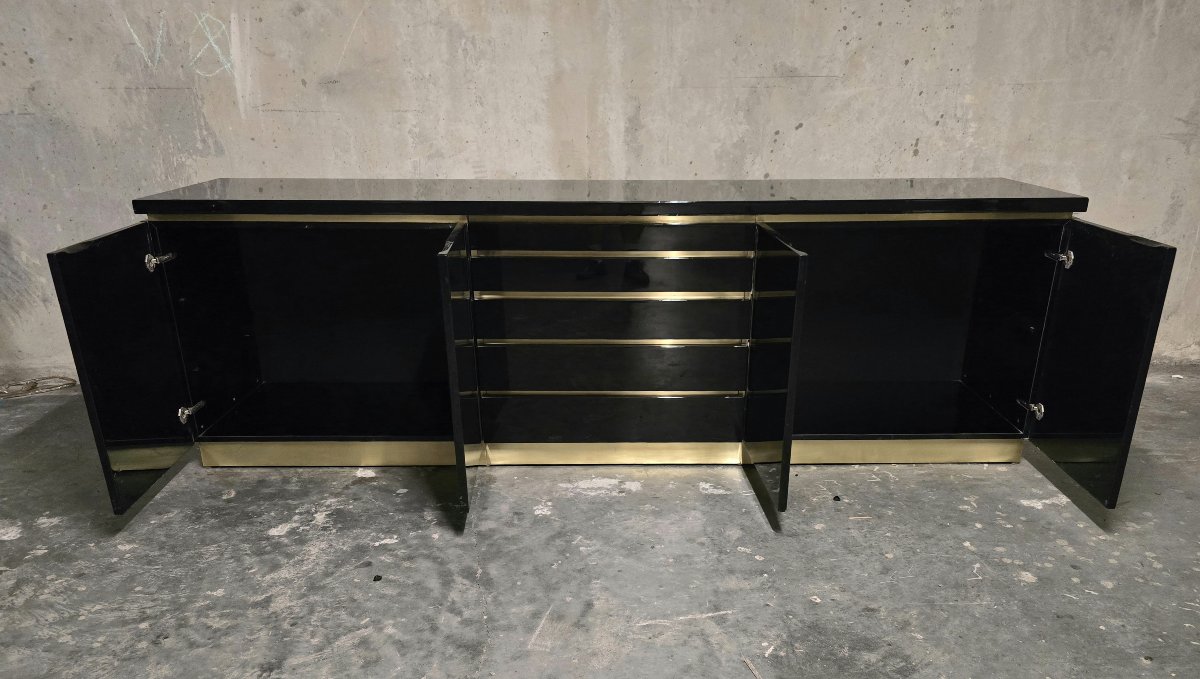 Jean-claude Mahey For Maison Romeo Paris — Sideboard In Black Lacquer And Brass, 1970s-photo-3