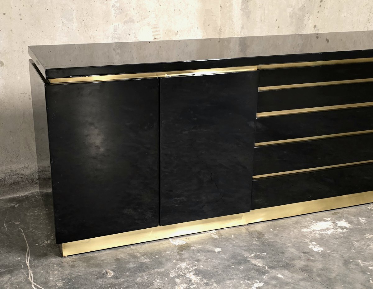 Jean-claude Mahey For Maison Romeo Paris — Sideboard In Black Lacquer And Brass, 1970s-photo-4