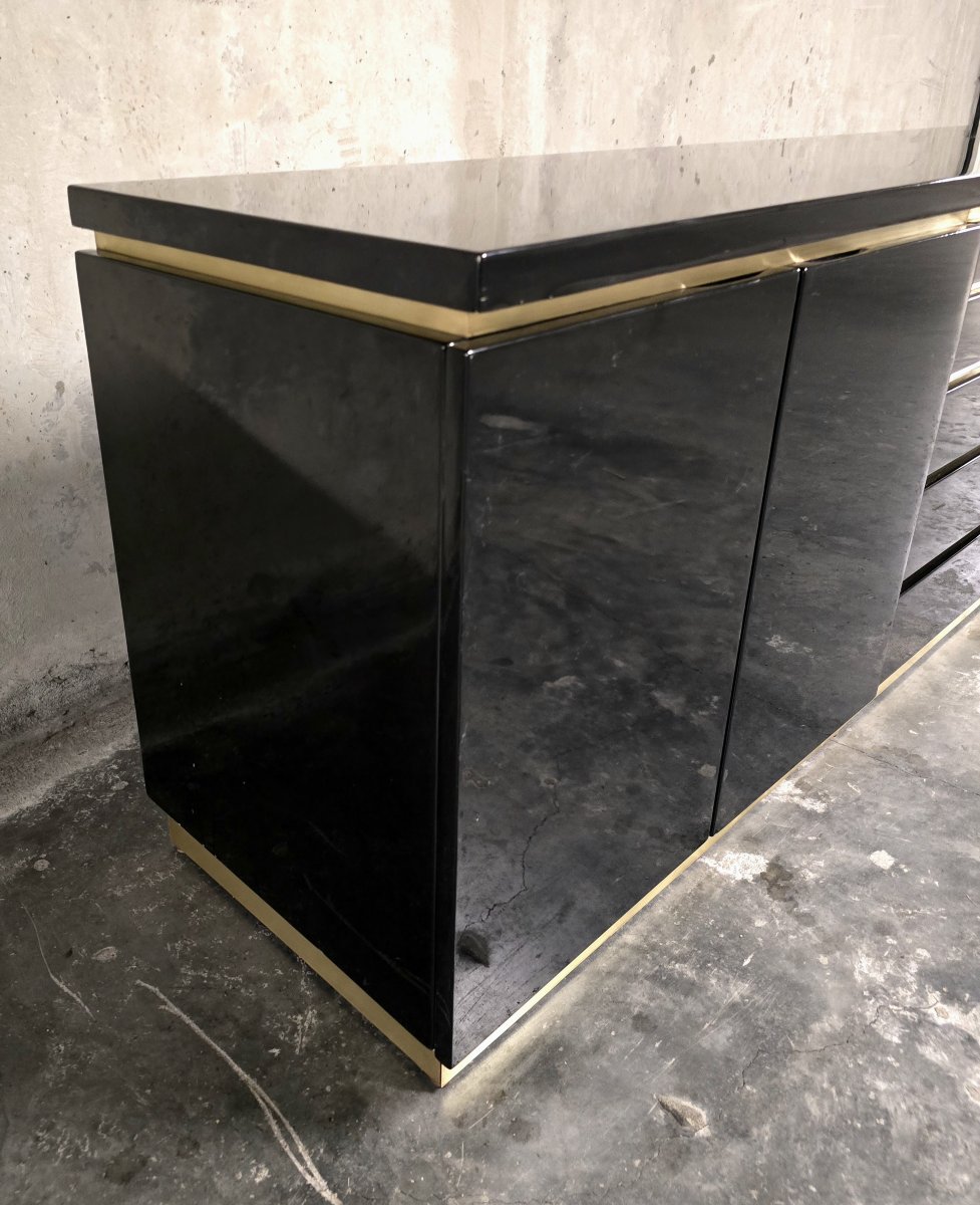 Jean-claude Mahey For Maison Romeo Paris — Sideboard In Black Lacquer And Brass, 1970s-photo-8