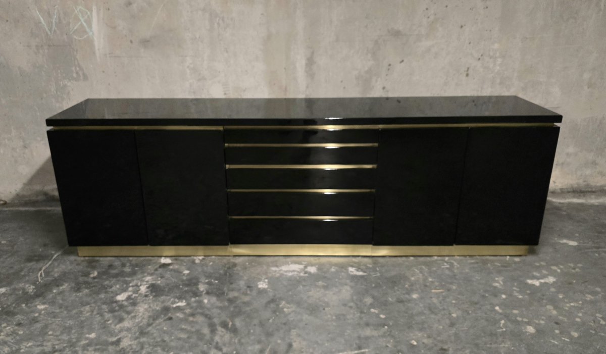 Jean-claude Mahey For Maison Romeo Paris — Sideboard In Black Lacquer And Brass, 1970s