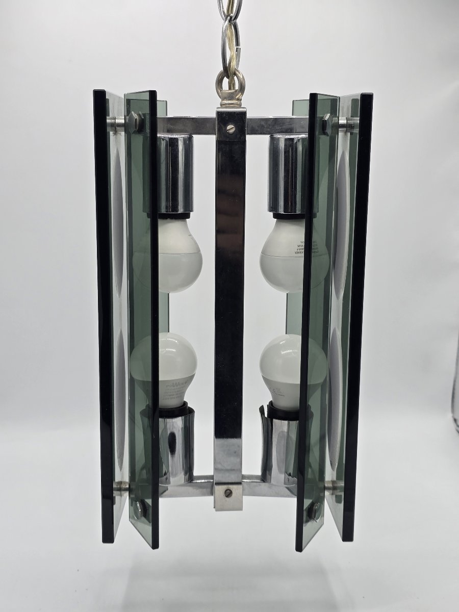 A Pendant Lamp Made Of Thick Green-gray Glass And Chrome-plated Metal, In The Style Of Fontana Arte, 1970-photo-2