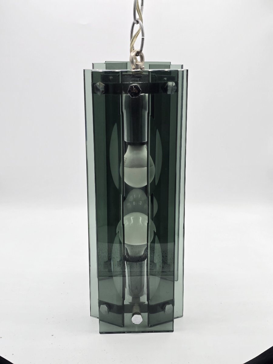 A Pendant Lamp Made Of Thick Green-gray Glass And Chrome-plated Metal, In The Style Of Fontana Arte, 1970-photo-3