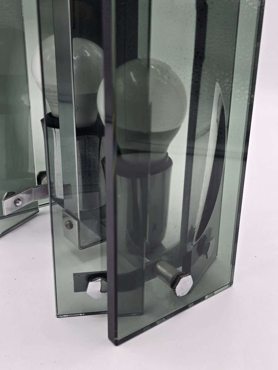 A Pendant Lamp Made Of Thick Green-gray Glass And Chrome-plated Metal, In The Style Of Fontana Arte, 1970-photo-4
