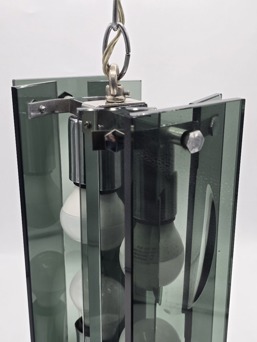 A Pendant Lamp Made Of Thick Green-gray Glass And Chrome-plated Metal, In The Style Of Fontana Arte, 1970-photo-1
