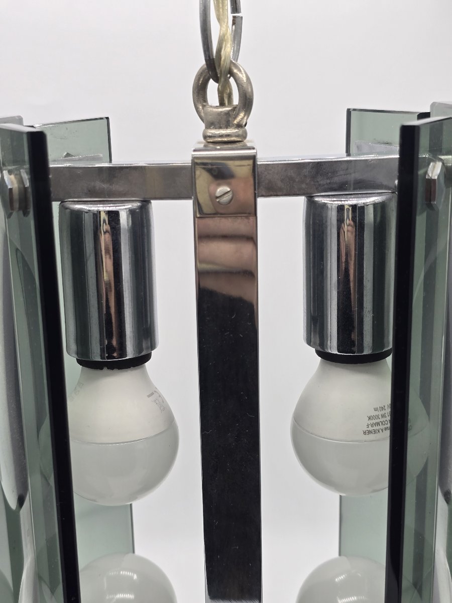 A Pendant Lamp Made Of Thick Green-gray Glass And Chrome-plated Metal, In The Style Of Fontana Arte, 1970-photo-5