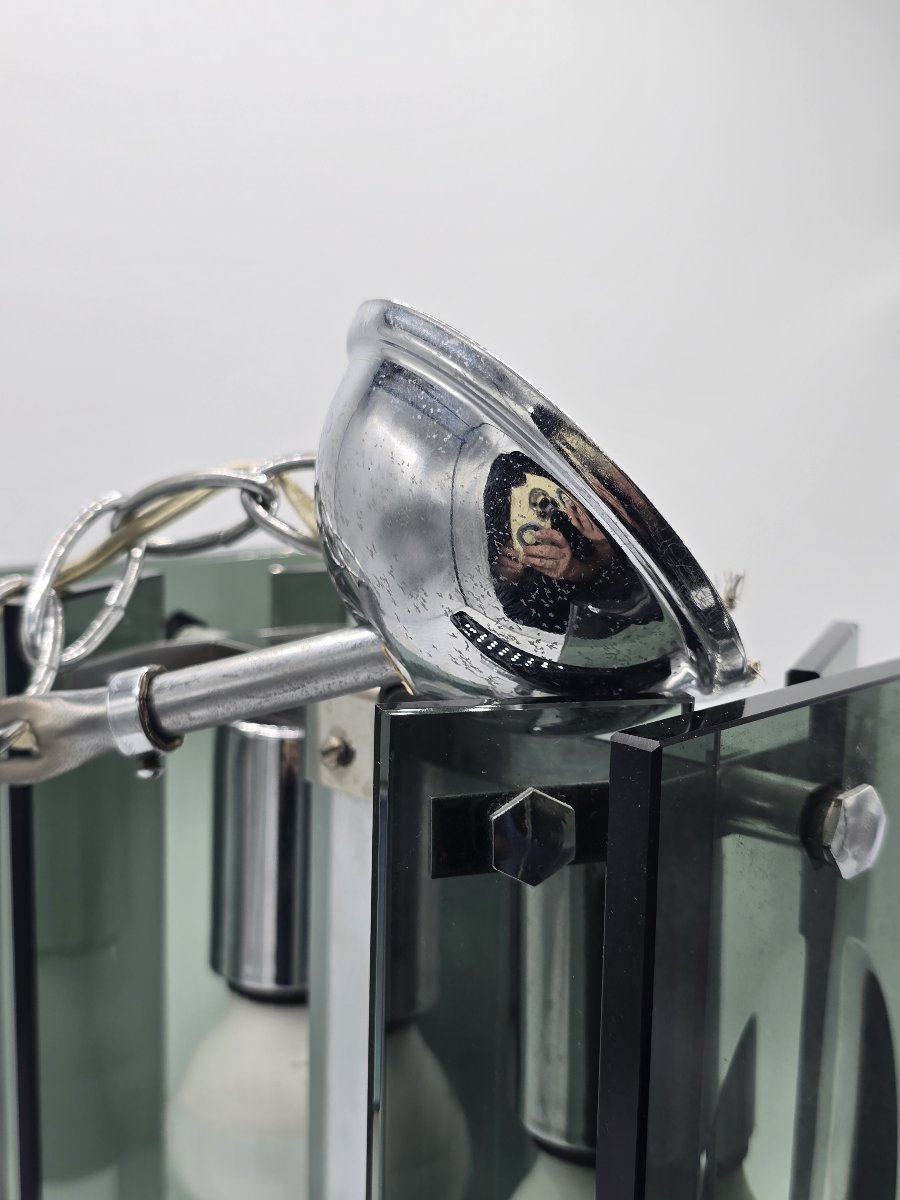 A Pendant Lamp Made Of Thick Green-gray Glass And Chrome-plated Metal, In The Style Of Fontana Arte, 1970-photo-6