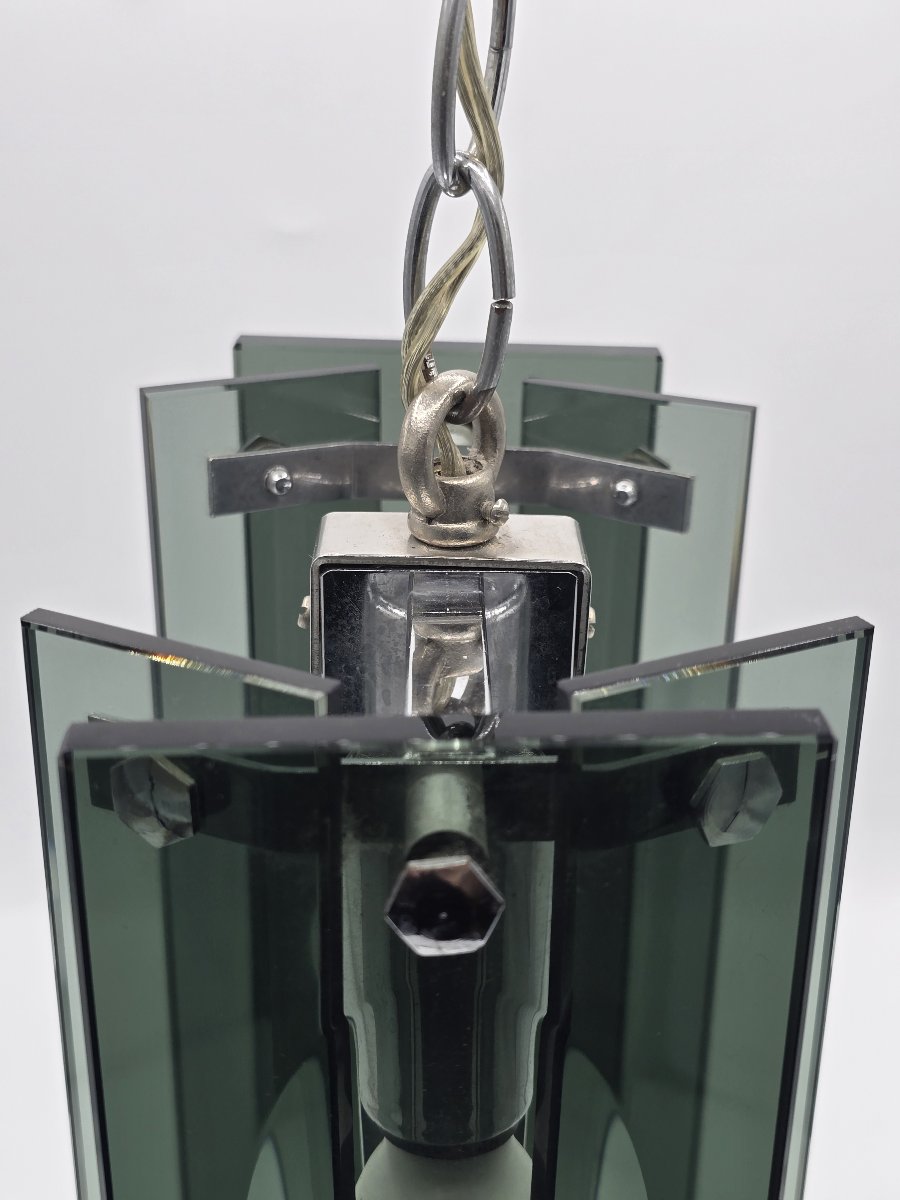 A Pendant Lamp Made Of Thick Green-gray Glass And Chrome-plated Metal, In The Style Of Fontana Arte, 1970-photo-7