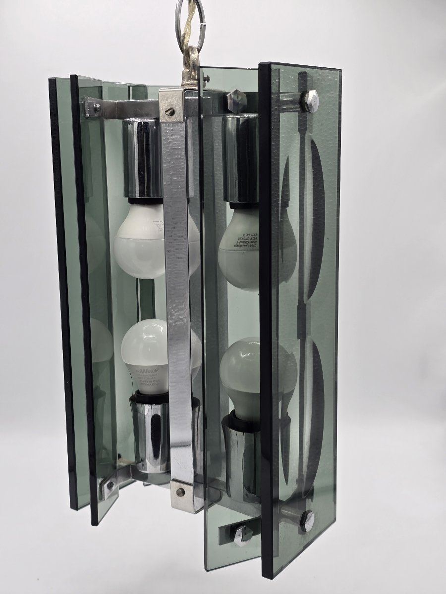 A Pendant Lamp Made Of Thick Green-gray Glass And Chrome-plated Metal, In The Style Of Fontana Arte, 1970