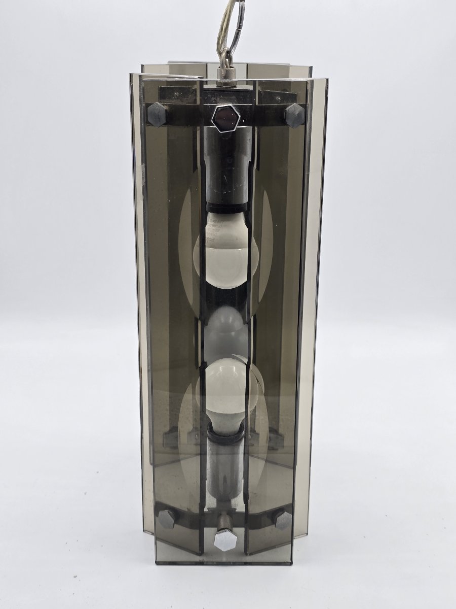 A Pendant Lamp Made Of Thick Gray-black Glass And Chrome-plated Metal, In The Style Of Fontana Arte, 1970-photo-2
