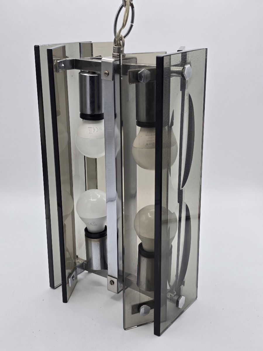 A Pendant Lamp Made Of Thick Gray-black Glass And Chrome-plated Metal, In The Style Of Fontana Arte, 1970-photo-3