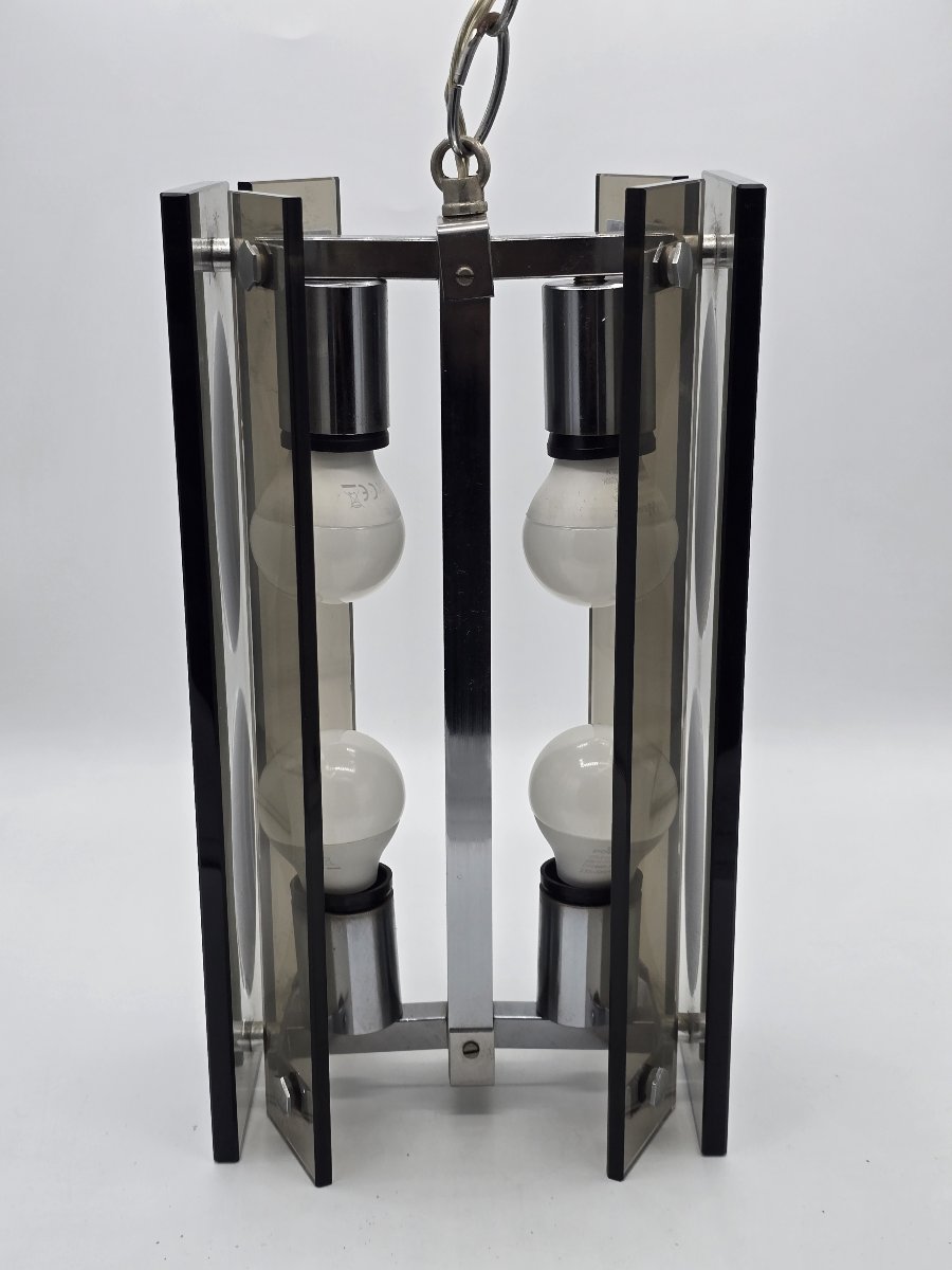 A Pendant Lamp Made Of Thick Gray-black Glass And Chrome-plated Metal, In The Style Of Fontana Arte, 1970-photo-4