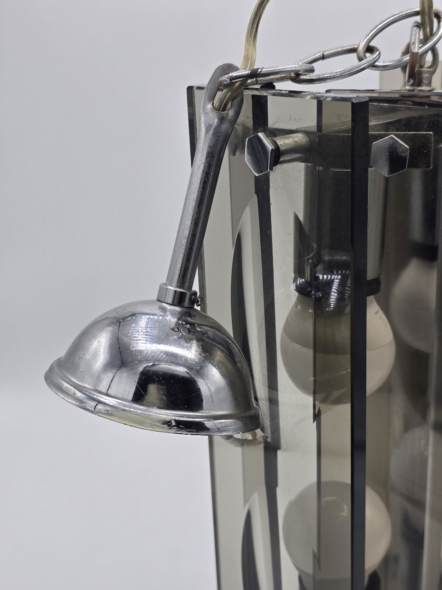 A Pendant Lamp Made Of Thick Gray-black Glass And Chrome-plated Metal, In The Style Of Fontana Arte, 1970-photo-1