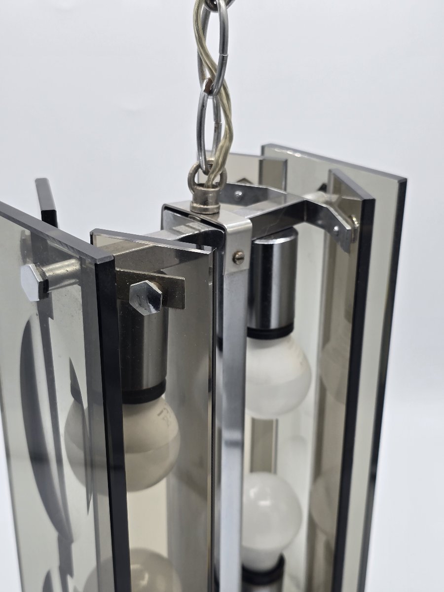 A Pendant Lamp Made Of Thick Gray-black Glass And Chrome-plated Metal, In The Style Of Fontana Arte, 1970-photo-2