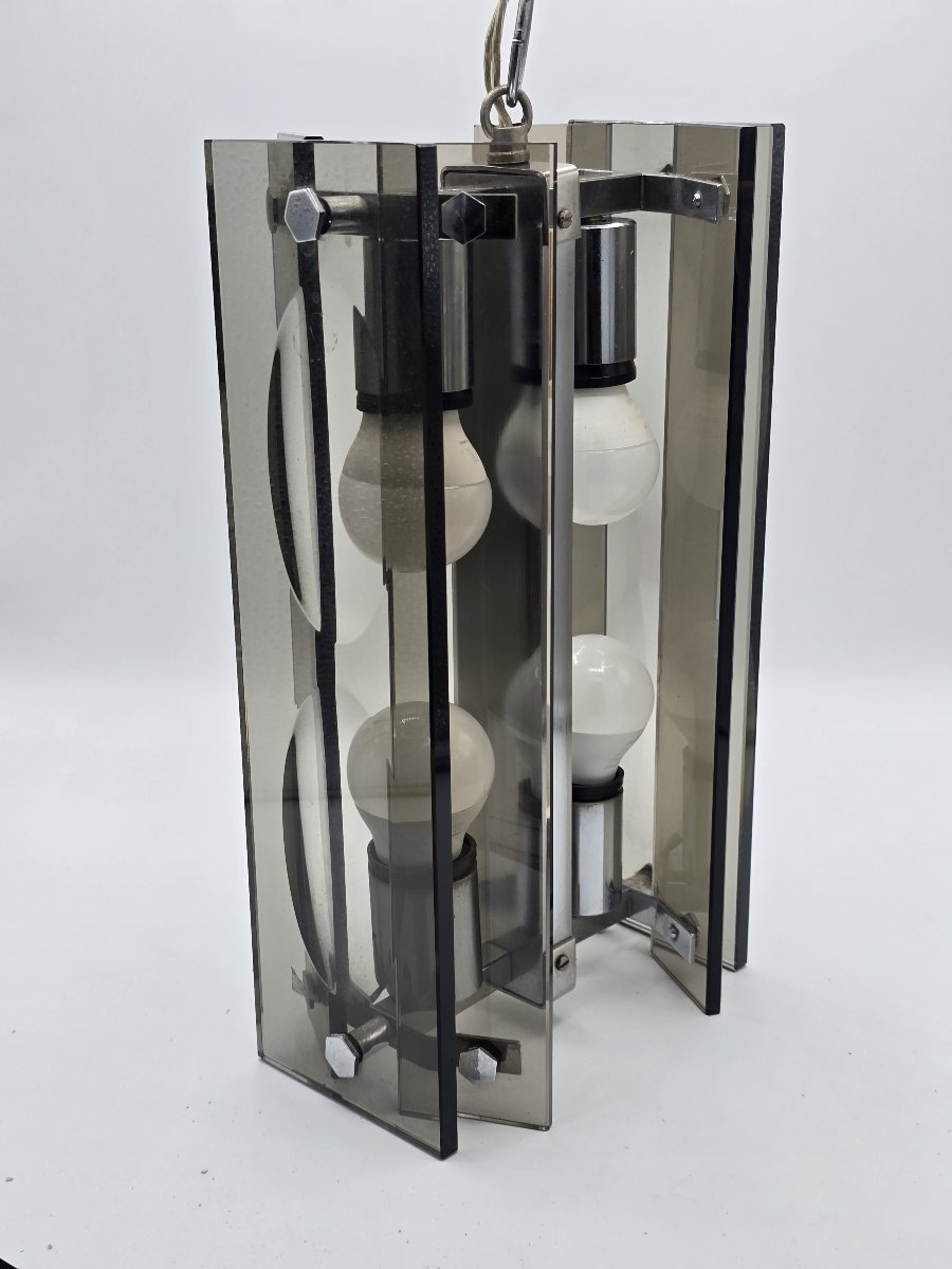A Pendant Lamp Made Of Thick Gray-black Glass And Chrome-plated Metal, In The Style Of Fontana Arte, 1970