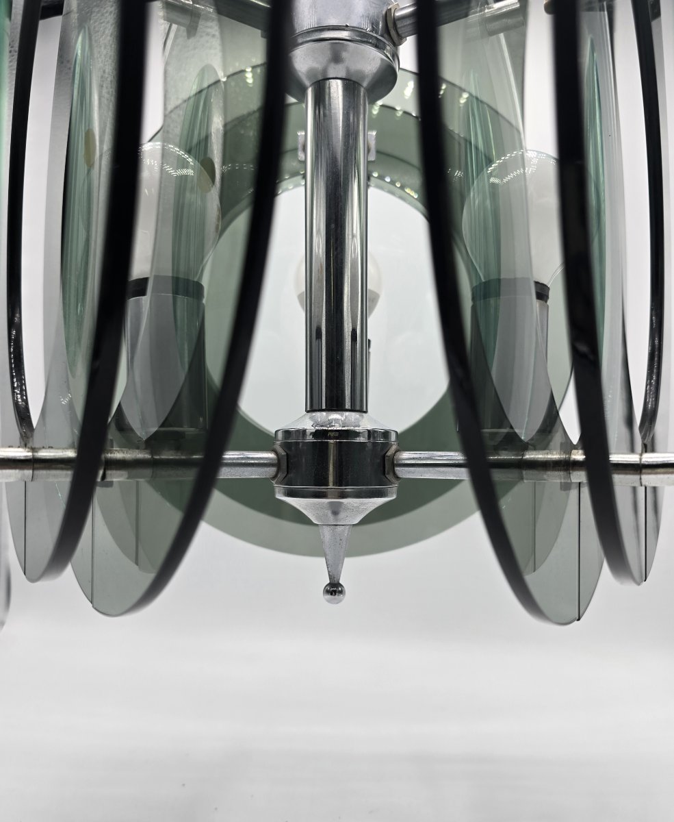 Suspension space age en verre épais vert gris fumé, dans le goût de Fontana Arte, vers 1970-photo-4