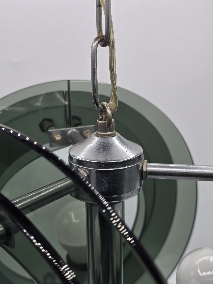 Suspension space age en verre épais vert gris fumé, dans le goût de Fontana Arte, vers 1970-photo-1