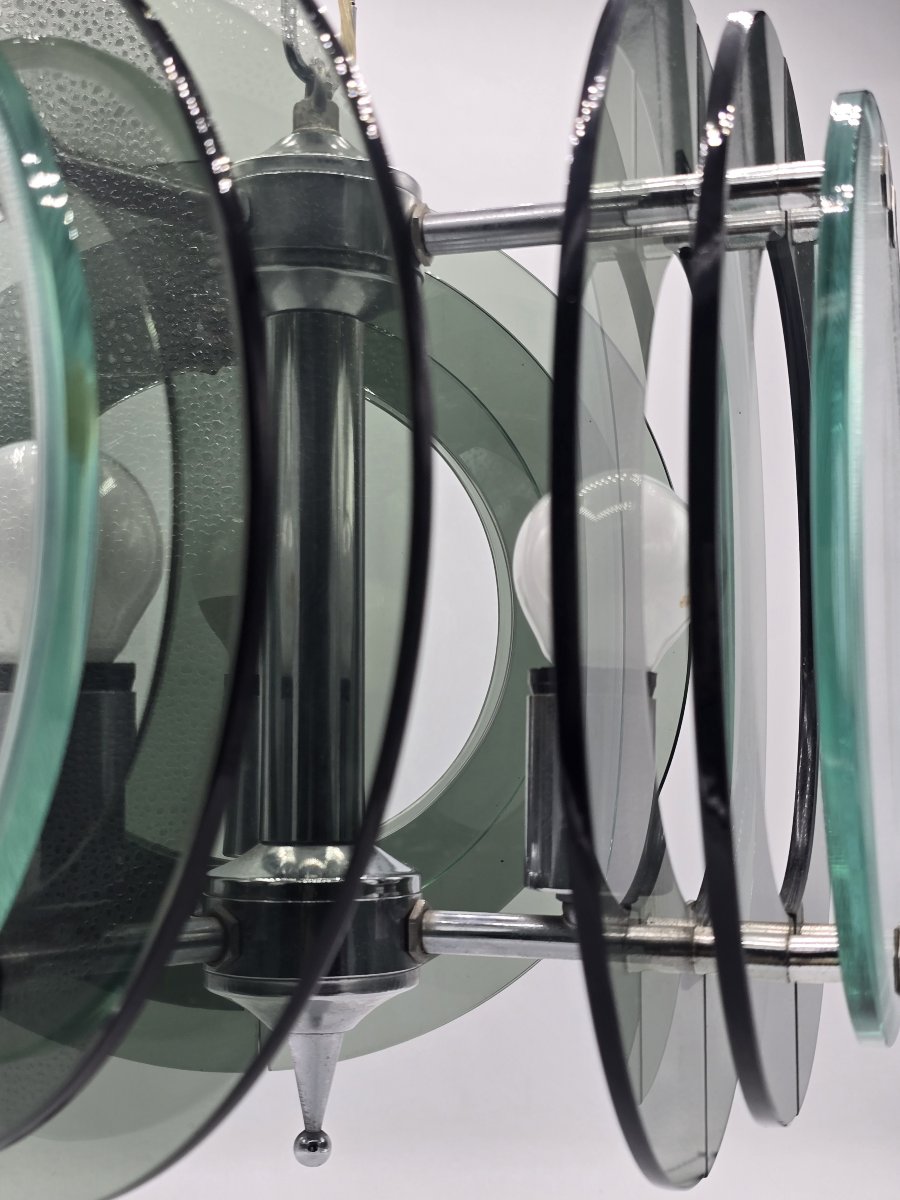 Suspension space age en verre épais vert gris fumé, dans le goût de Fontana Arte, vers 1970-photo-2