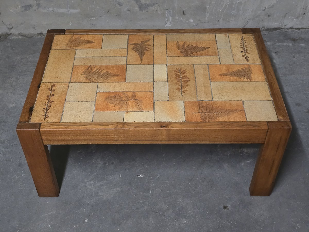 Raymonde Leduc - Table basse en bois et céramique, Vallauris, années 1960-photo-2