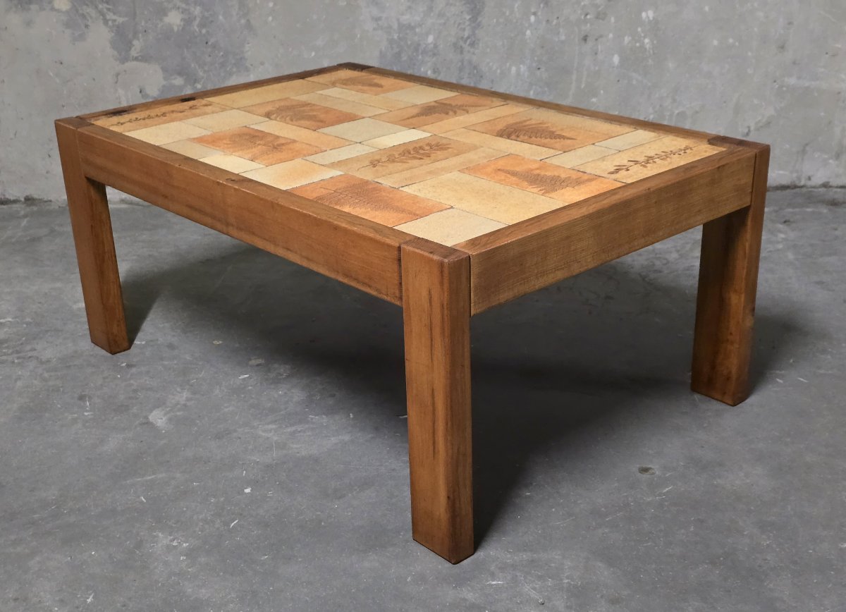 Raymonde Leduc - Table basse en bois et céramique, Vallauris, années 1960-photo-4