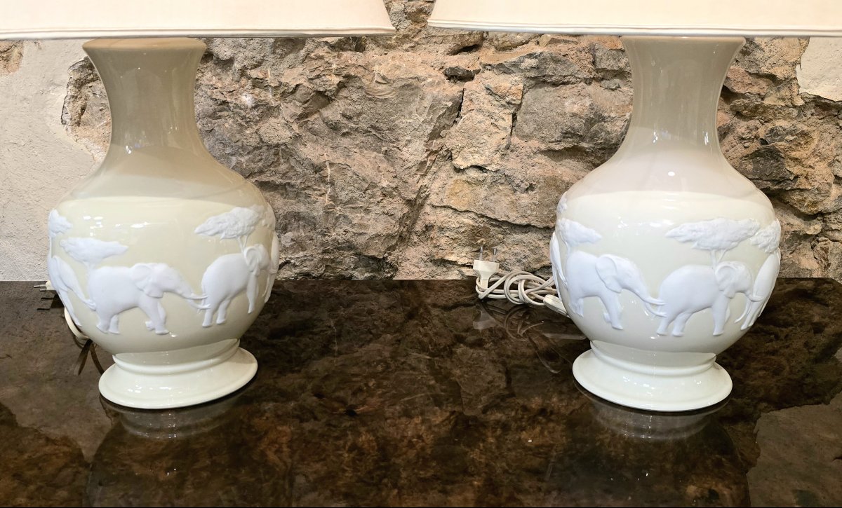 Pair Of Raynaud Limoges Lamps – Kenya Model – Bisque Elephants – 20th Century-photo-2