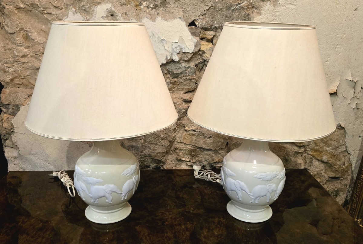 Pair Of Raynaud Limoges Lamps – Kenya Model – Bisque Elephants – 20th Century-photo-3