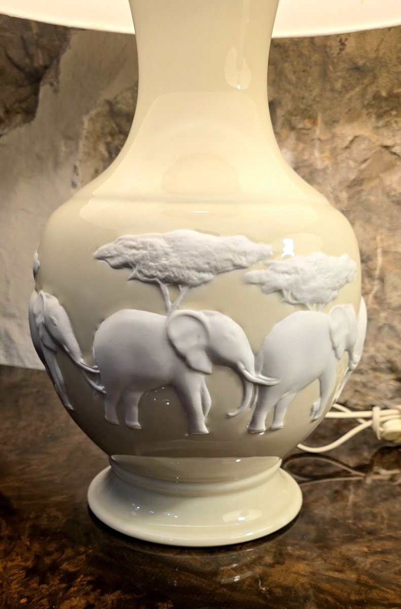 Pair Of Raynaud Limoges Lamps – Kenya Model – Bisque Elephants – 20th Century-photo-3