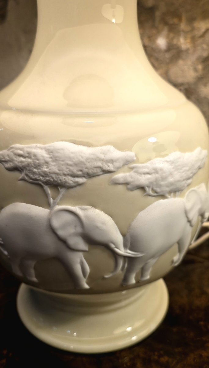Pair Of Raynaud Limoges Lamps – Kenya Model – Bisque Elephants – 20th Century-photo-5