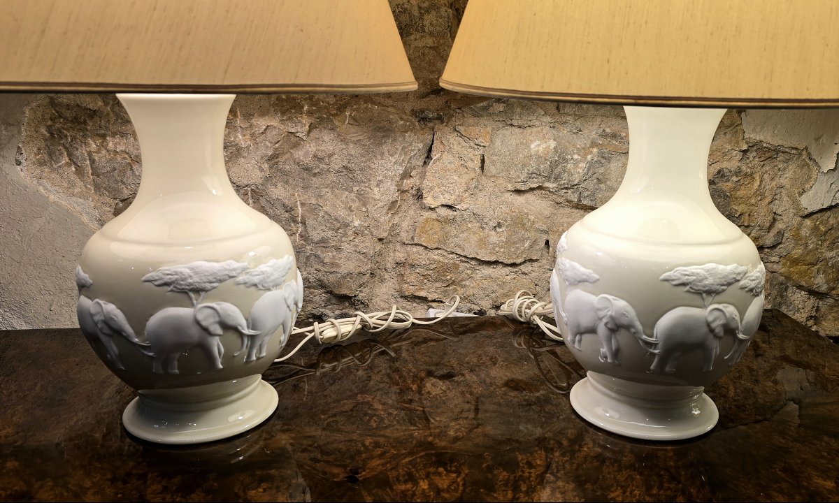 Pair Of Raynaud Limoges Lamps – Kenya Model – Bisque Elephants – 20th Century-photo-6