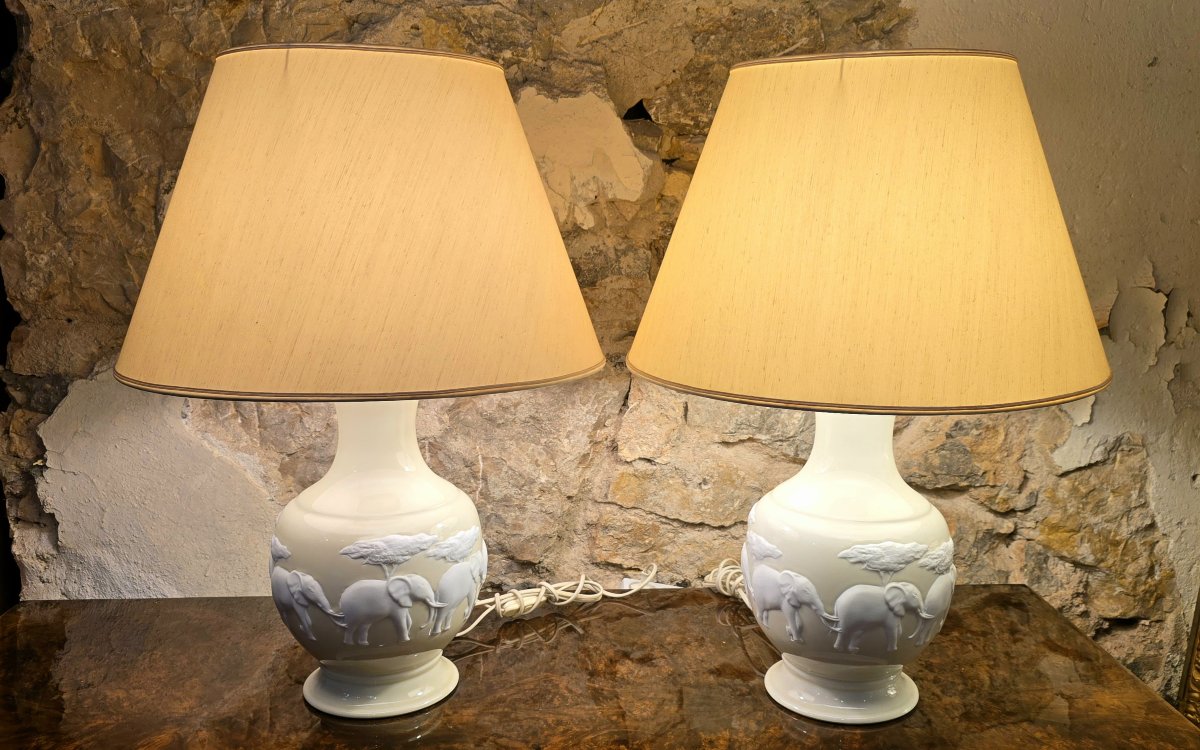 Pair Of Raynaud Limoges Lamps – Kenya Model – Bisque Elephants – 20th Century