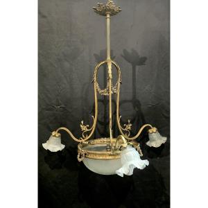  Lustre en bronze doré et verre dépoli – Style Louis XVI