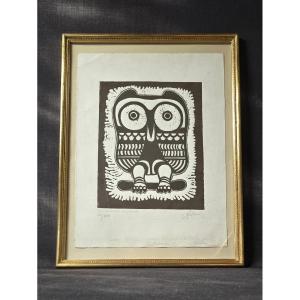 Eugène Fidler (1910-1990) Linocut "the Owl" 1987