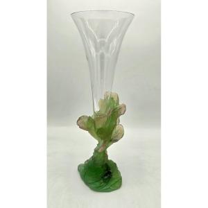 Daum - Soliflore Vase In Crystal And Green Glass Paste With Plant Decoration