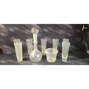 Lot de verrerie bullée Biot – carafe, verres et seau à glace – années 1960