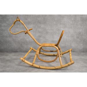 Vintage 1960s/70s Rattan And Bamboo Rocking Horse