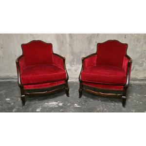 Pair Of Louis XV Style Bergère Armchairs In Red Velvet