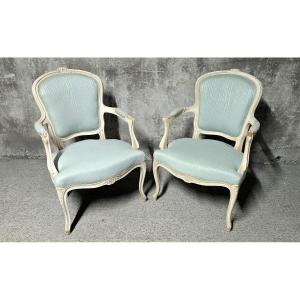 Pair Of Louis XV Style Armchairs In Patinated Wood, Light Blue Fabric