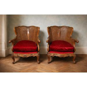 Pair Of Wooden And Rattan Armchairs, Louis XV Style