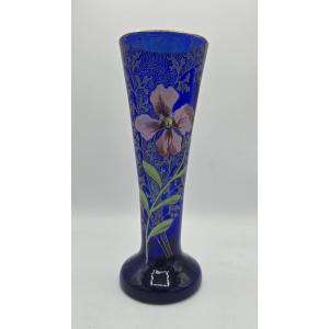 Vase en verre bleu cobalt émaillé et doré, attribué à François-Théodore LEGRAS, 1900