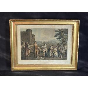 18th-century Engraving, Circa 1770, William Tell, Antique Gilded Frame With Keys, 66 × 52 Cm