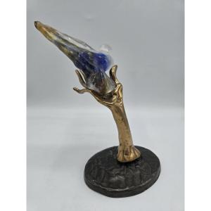 Sculpture Yves Lohé « Main à l’oiseau » – Bronze et pâte de verre – 2003