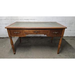 Flat Leather Desk, Louis-philippe Style, With Side Pull-out Drawers