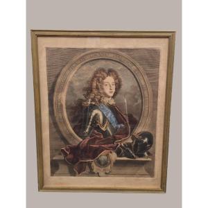 Gravure XVIIIe -Portrait de Louis de France, duc de Bourgogne- P. Drevet d'après H. Rigaud