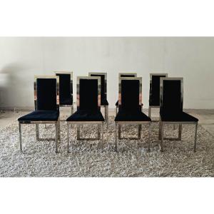Suite de 8 chaises de salle à manger en laiton, chrome et velours noir, Maison Roméo, vers 1970